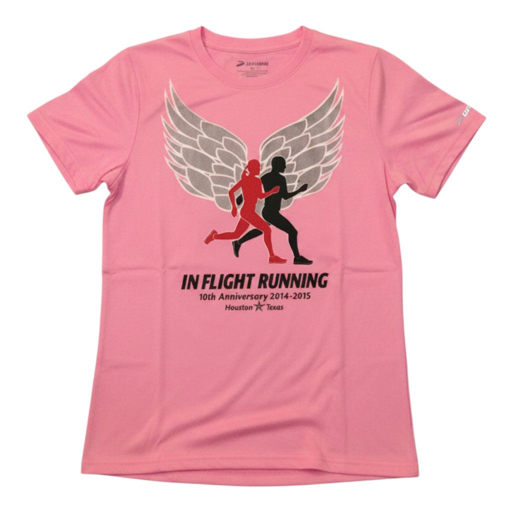 In Flight Running women's pink 100% polyester moisture-wicking t-shirt with winged runners graphic and team sponsors.