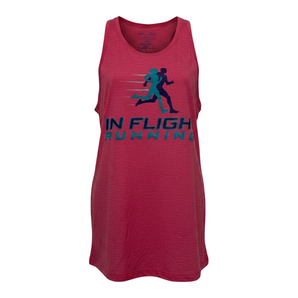 In Flight Running women's pink tri-blend racerback tank top with running graphic and logo.