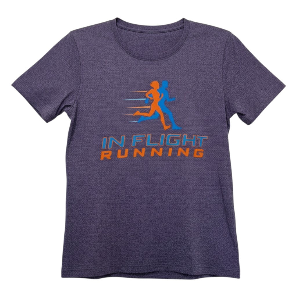 In Flight Running women's heathered purple short-sleeve scoop neck running t-shirt with orange and blue runner graphic.