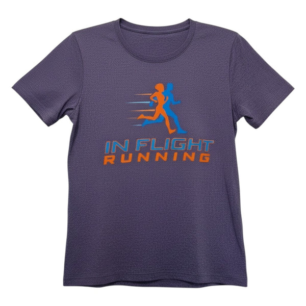 In Flight Running women's heathered purple short-sleeve scoop neck running t-shirt with orange and blue runner graphic.