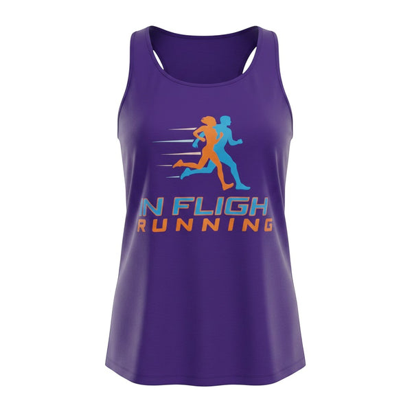In Flight Running purple polyester racerback tank top with graphic of two runners and text. Women's athletic fit.