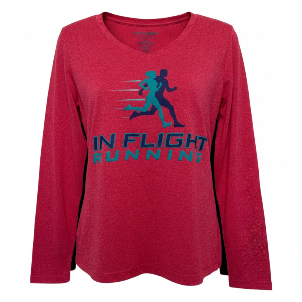 In Flight Running heather raspberry long sleeve V-neck performance t-shirt with running graphic.