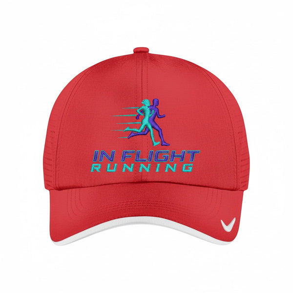Red Nike Dri-FIT running cap with perforated panels and In Flight Running logo. Adjustable closure.