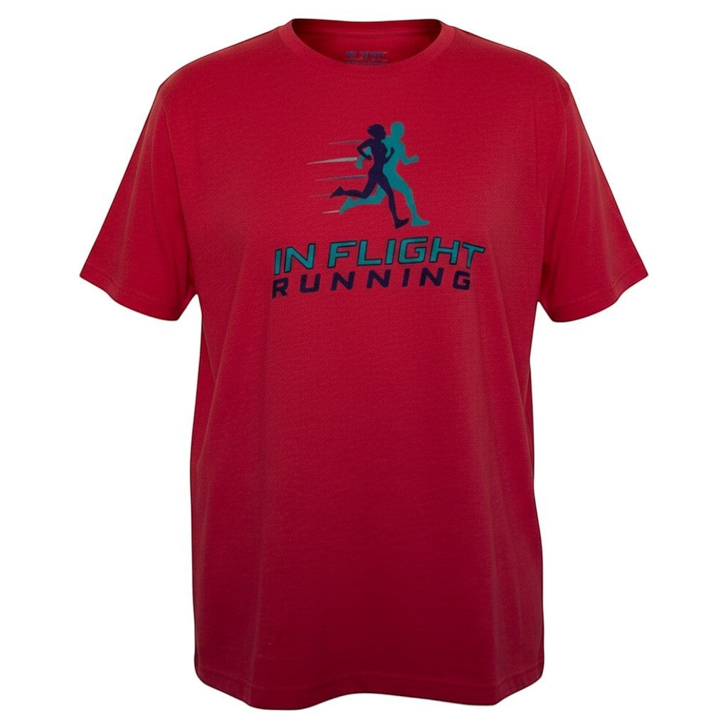 In Flight Running red heather cotton blend unisex t-shirt with graphic logo of two runners and text.