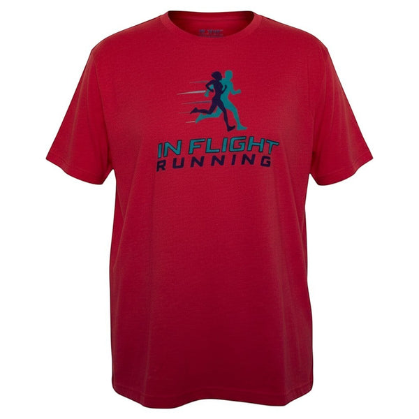 In Flight Running red heather cotton blend unisex t-shirt with graphic logo of two runners and text.