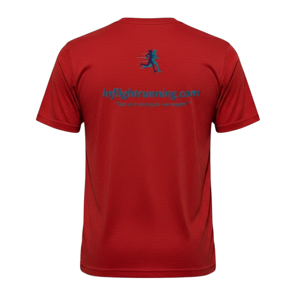 In Flight Running red heathered polyester short-sleeve running t-shirt with logo and website on back.