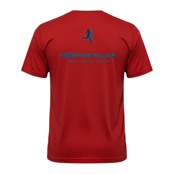 In Flight Running red heathered polyester short-sleeve running t-shirt with logo and website on back.