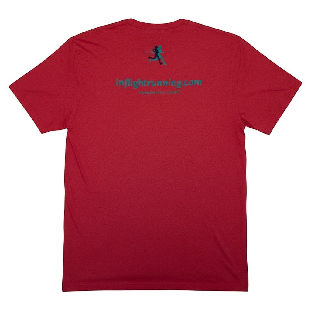 In Flight Running red heather cotton blend unisex t-shirt with running graphic and website on back