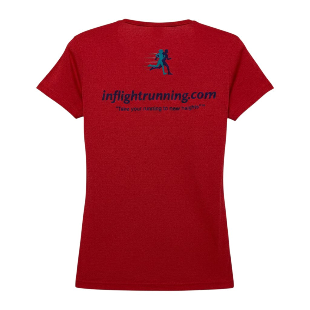 In Flight Running red heathered scoop neck performance t-shirt with logo and website on back.