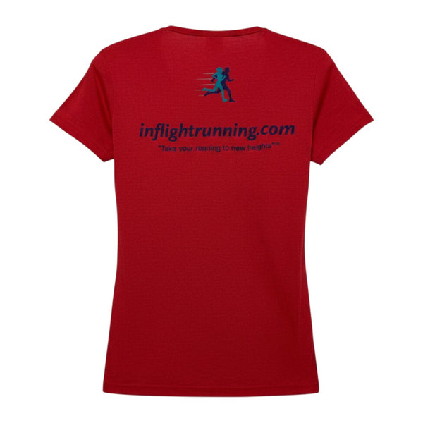 In Flight Running red heathered scoop neck performance t-shirt with logo and website on back.
