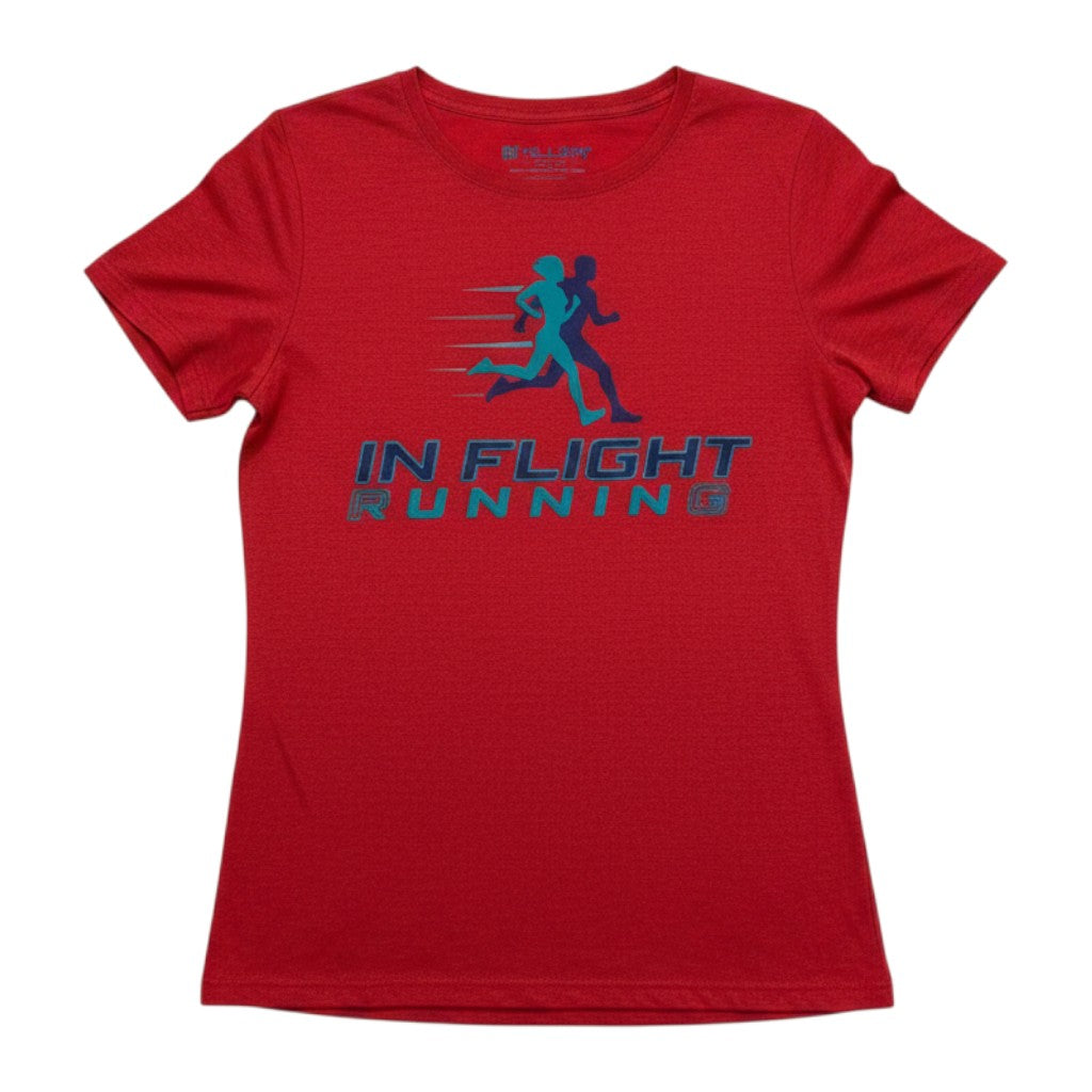 In Flight Running red heathered scoop neck t-shirt with graphic of two runners and logo.