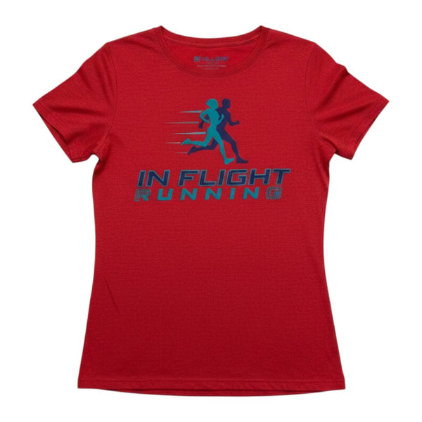 In Flight Running red heathered scoop neck t-shirt with graphic of two runners and logo.