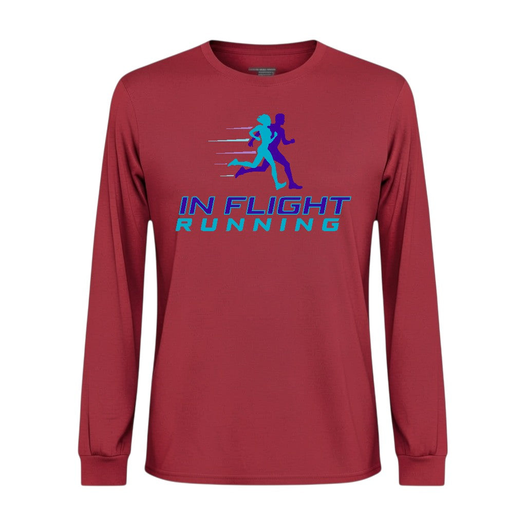 In Flight Running men's heathered red long sleeve polyester running shirt with moisture-wicking fabric.