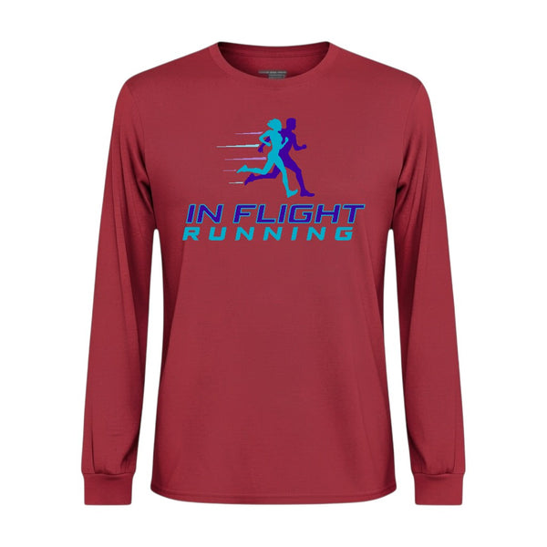 In Flight Running men's heathered red long sleeve polyester running shirt with moisture-wicking fabric.