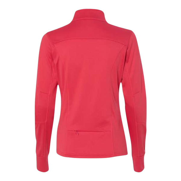 In Flight Running women's red polyester fleece track jacket with full zip and contrast sleeve stripes.