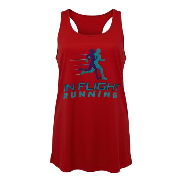 In Flight Running women's red polyester racerback tank top with "In Flight Running" logo and graphic of two runners.