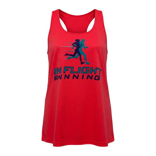 In Flight Running women's red polyester racerback tank top with graphic logo and text. Lightweight and moisture-wicking.
