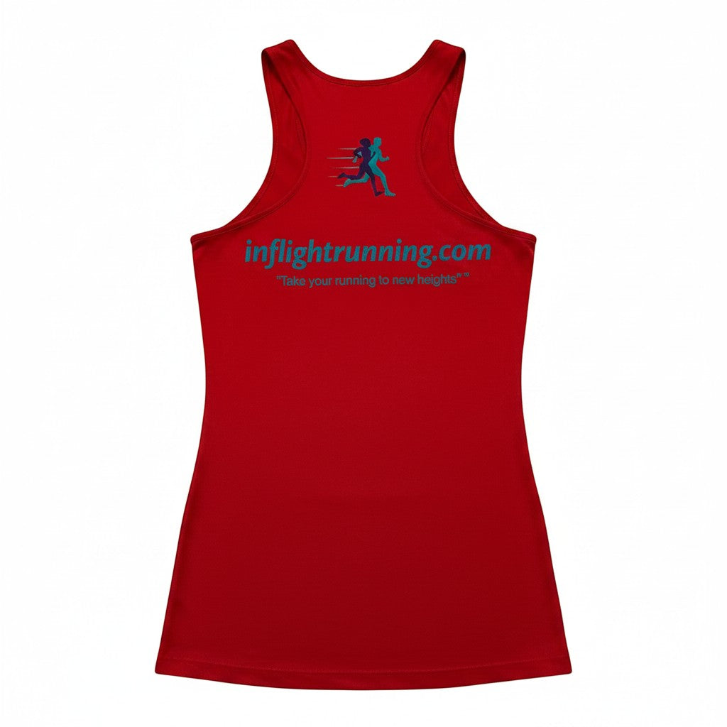 In Flight Running red polyester racerback tank top with "inflightrunning.com" and tagline on back.