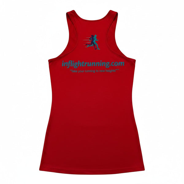 In Flight Running red polyester racerback tank top with "inflightrunning.com" and tagline on back.