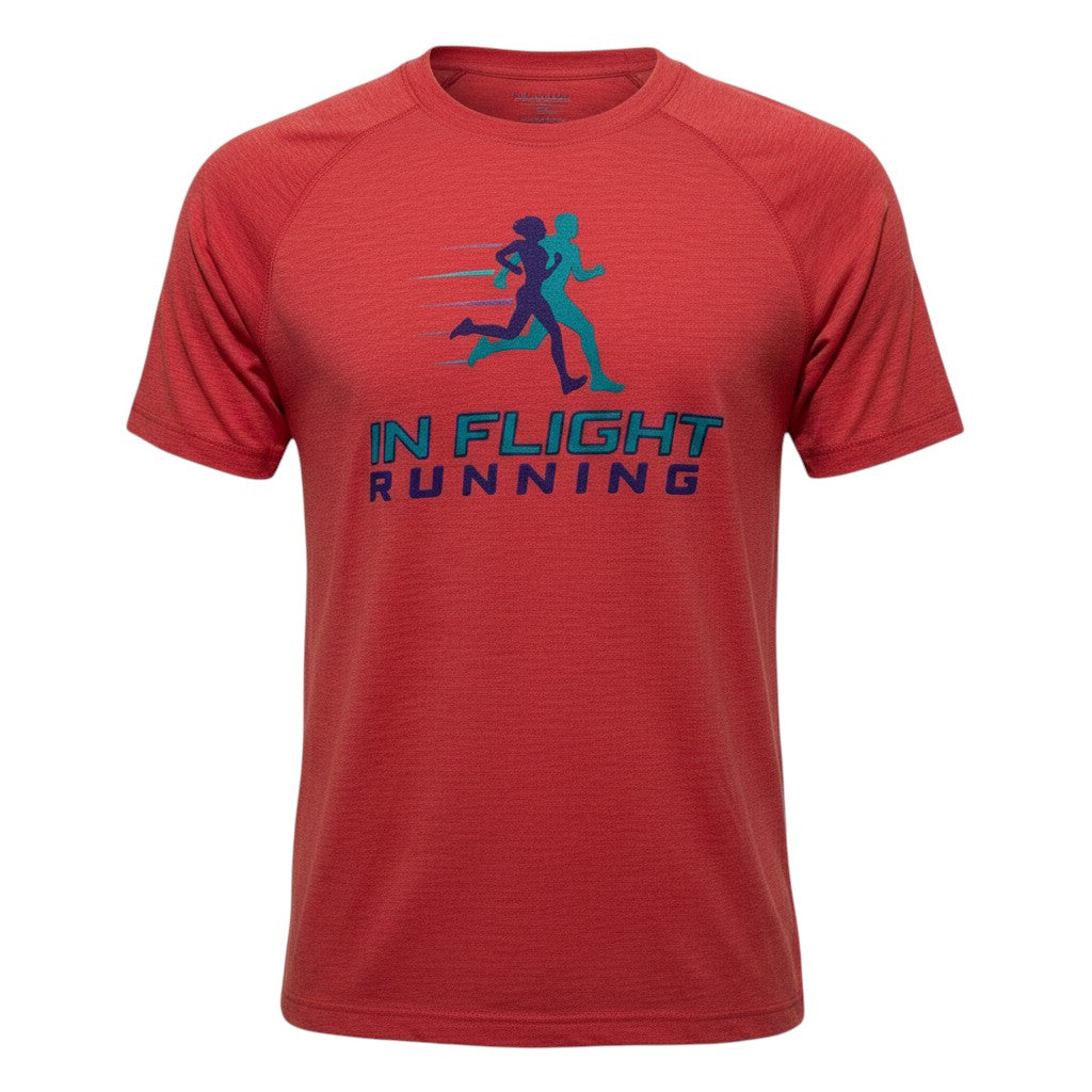 In Flight Running red tri-blend raglan t-shirt with graphic of two runners and logo.