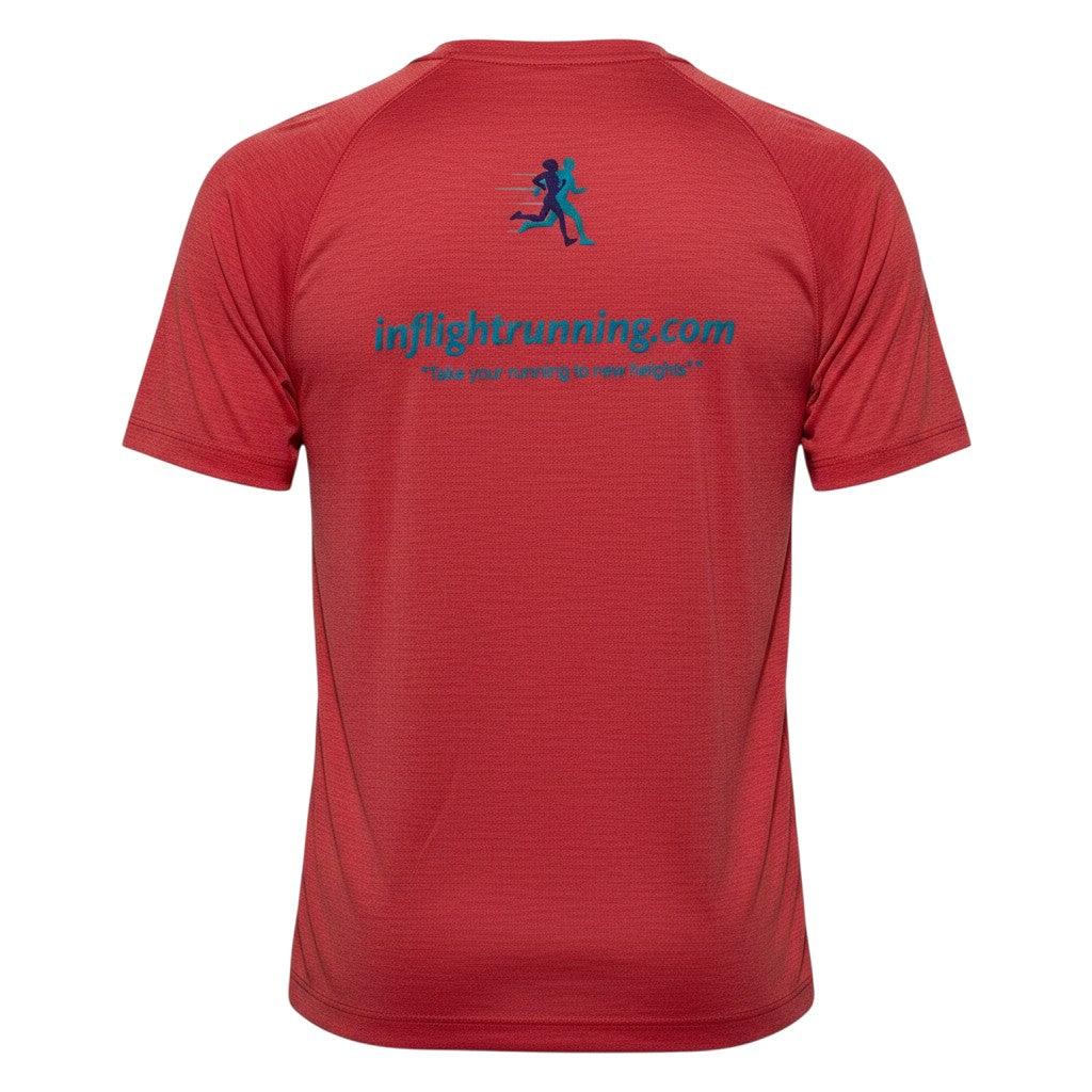 In Flight Running red tri-blend raglan t-shirt with moisture-wicking fabric and embroidered logo.