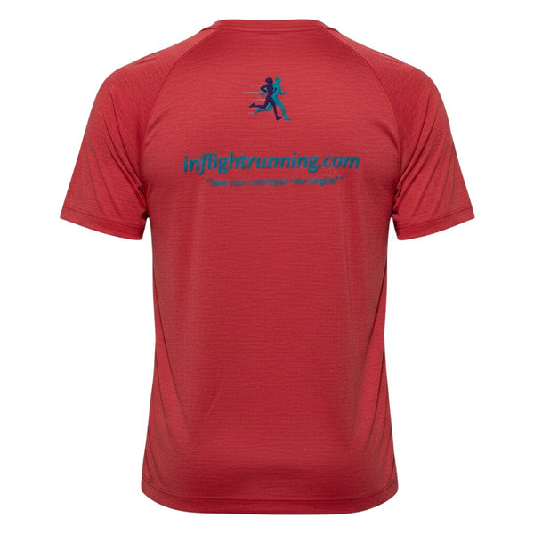 In Flight Running red tri-blend raglan t-shirt with moisture-wicking fabric and embroidered logo.