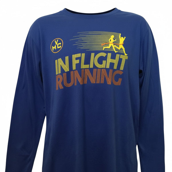 In Flight Running royal blue 100% polyester long sleeve t-shirt with retro graphics and moisture-wicking properties.