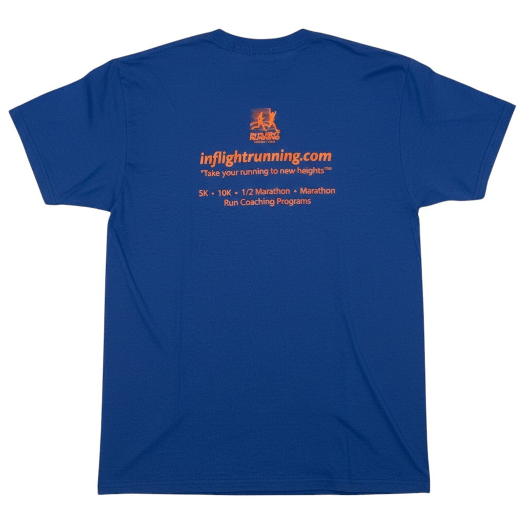 In Flight Running royal blue cotton/poly blend t-shirt with orange and yellow text and logo on back.