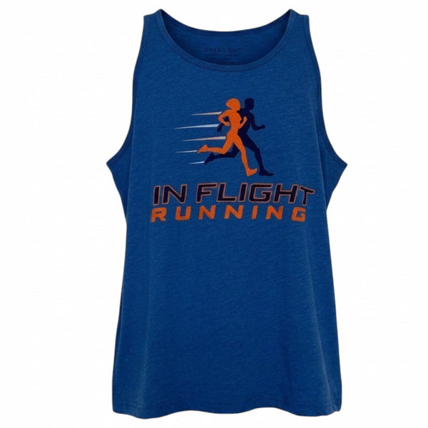 In Flight Running royal blue triblend unisex running tank with graphic print on front. Made of 50% polyester, 25% cotton, 25% rayon.