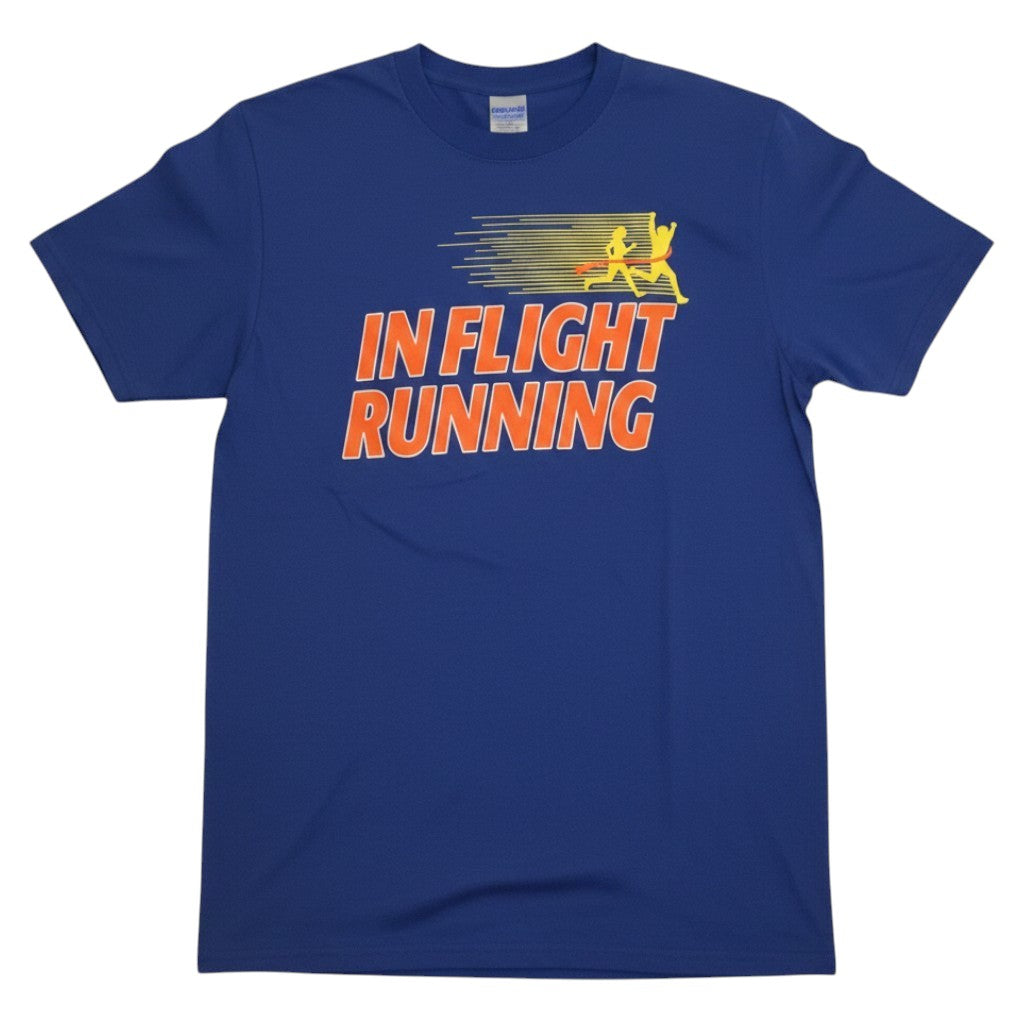 In Flight Running retro royal blue cotton/poly blend t-shirt with orange and yellow graphic.