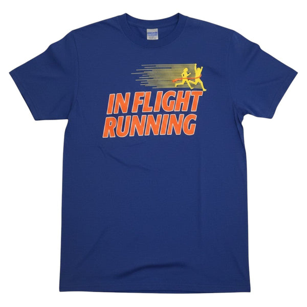 In Flight Running retro royal blue cotton/poly blend t-shirt with orange and yellow graphic.
