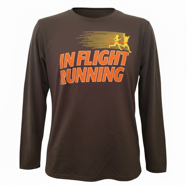 In Flight Running unisex long sleeve performance t-shirt in smoke gray with retro orange graphics. 100% polyester.