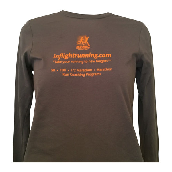 In Flight Running smoke gray long sleeve polyester t-shirt with retro orange graphics and text about running programs.