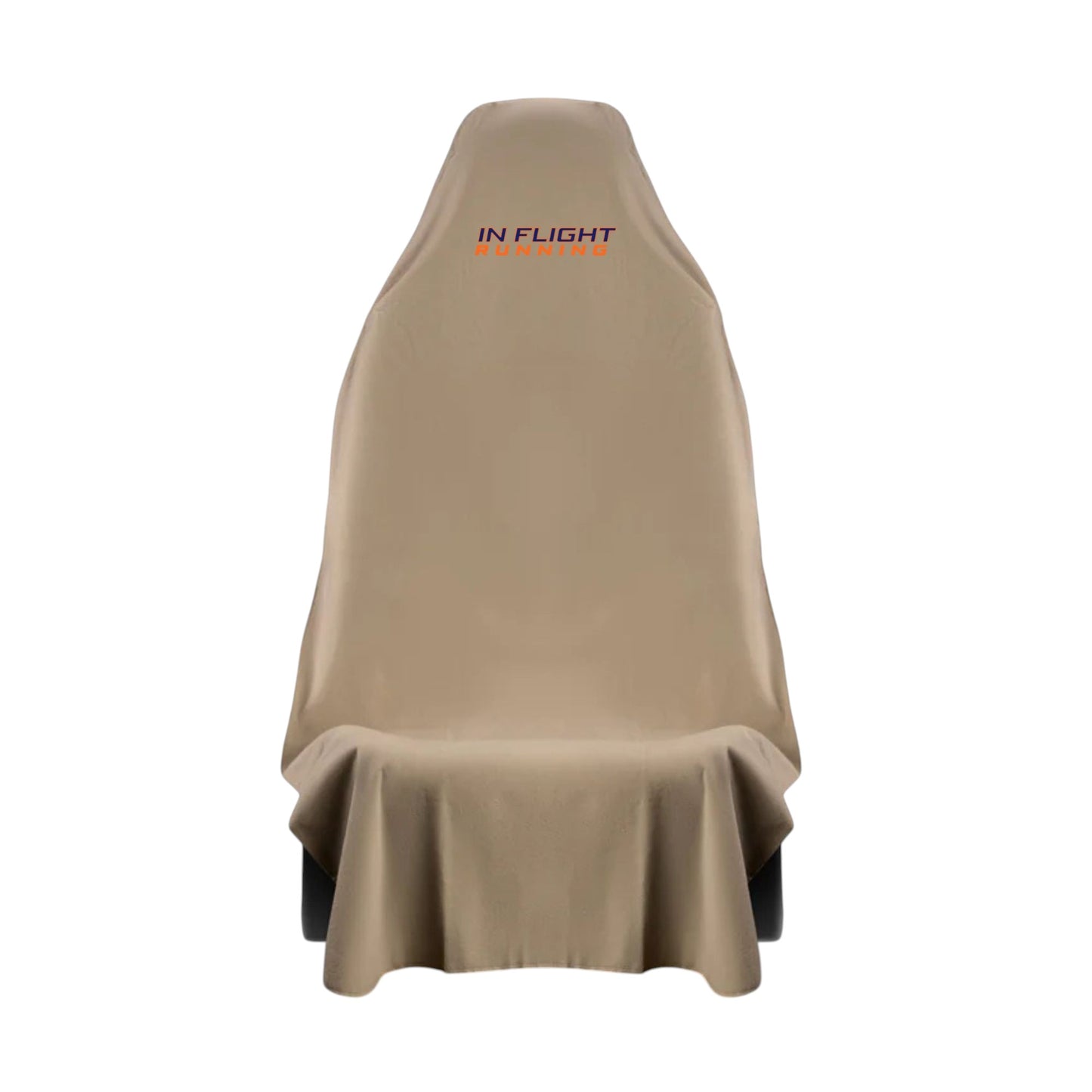 In Flight Running tan waterproof car seat protector with embroidered lettering, ideal for post-workout protection.
