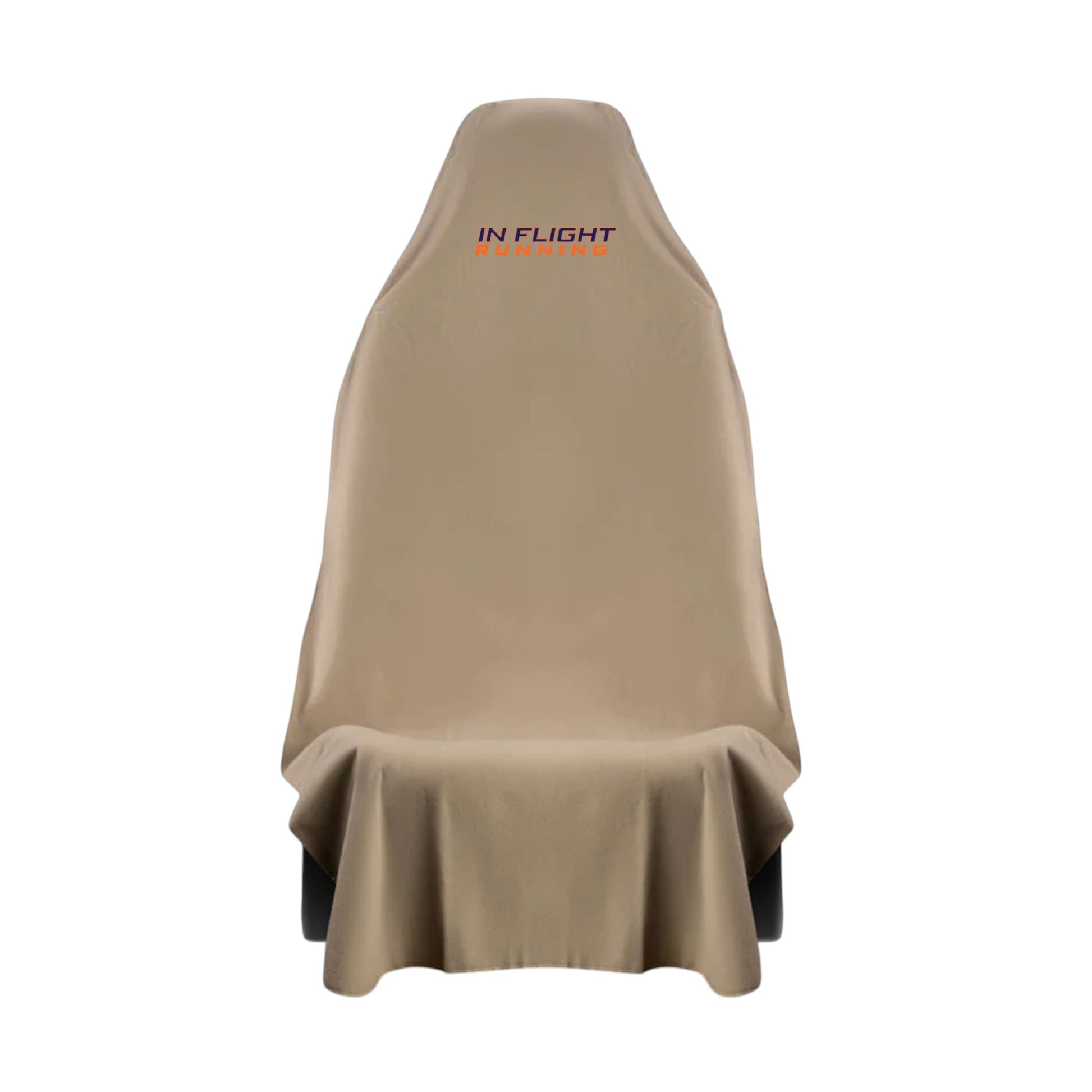 In Flight Running tan waterproof car seat protector with embroidered lettering, ideal for post-workout protection.