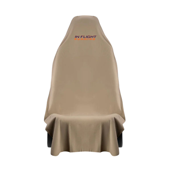 In Flight Running tan waterproof car seat protector with embroidered lettering, ideal for post-workout protection.