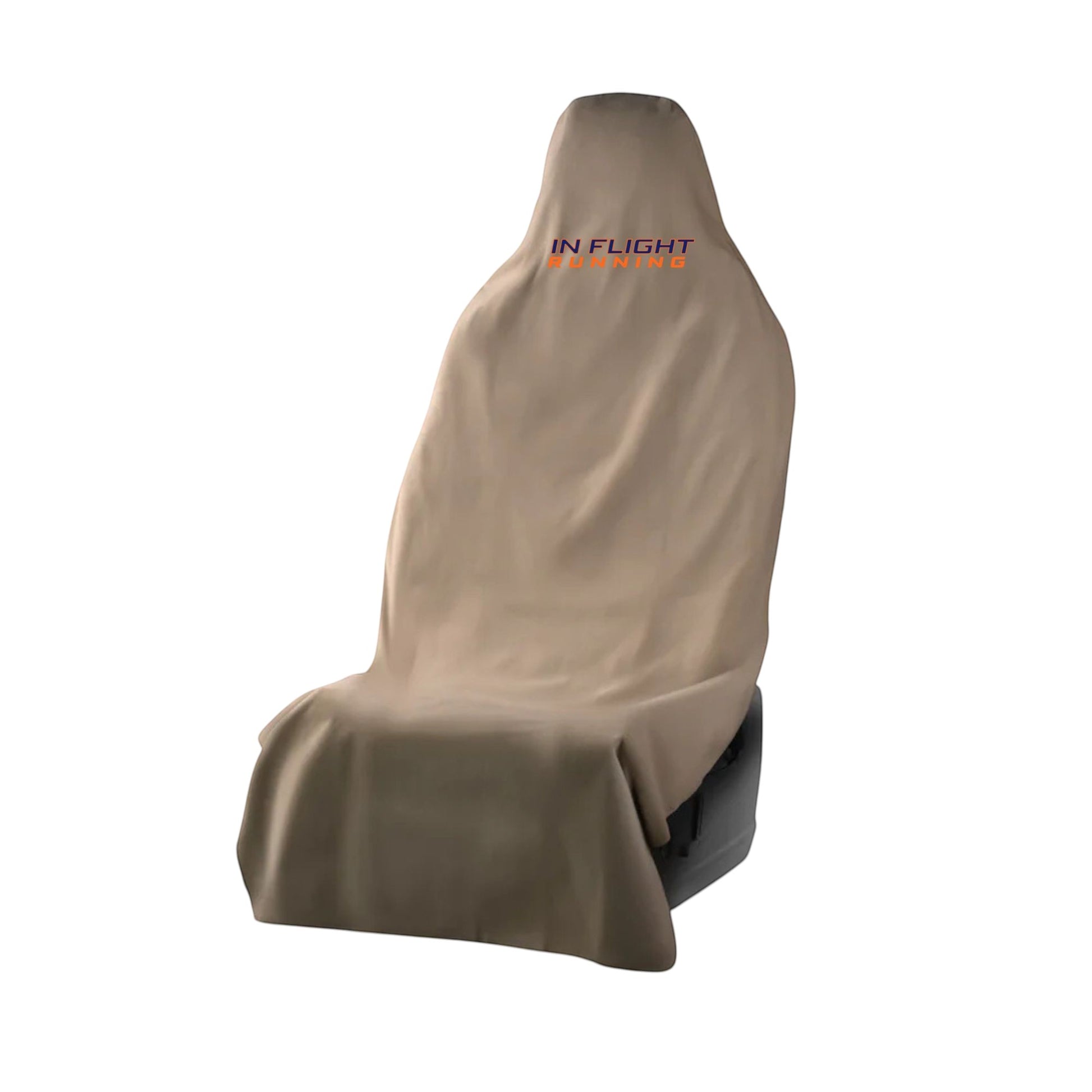 In Flight Running tan waterproof car seat protector with embroidered lettering. Ideal for post-workout protection.