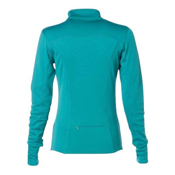 In Flight Running teal polyester fleece track jacket with thumbholes and a hidden pocket.