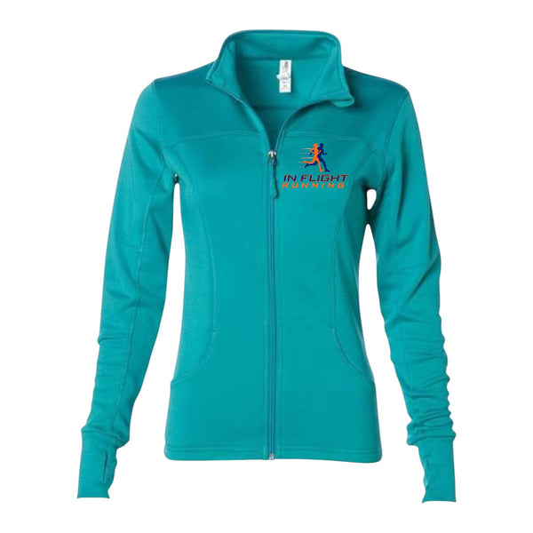 In Flight Running women's teal polyester fleece track jacket with full zip, thumbholes, and embroidered logo.
