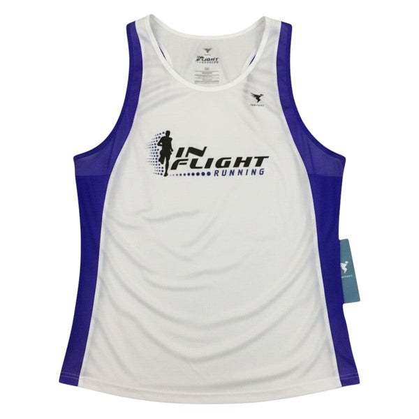 In Flight Running men's white nylon/lycra moisture-wicking tank with blue accents and logo.