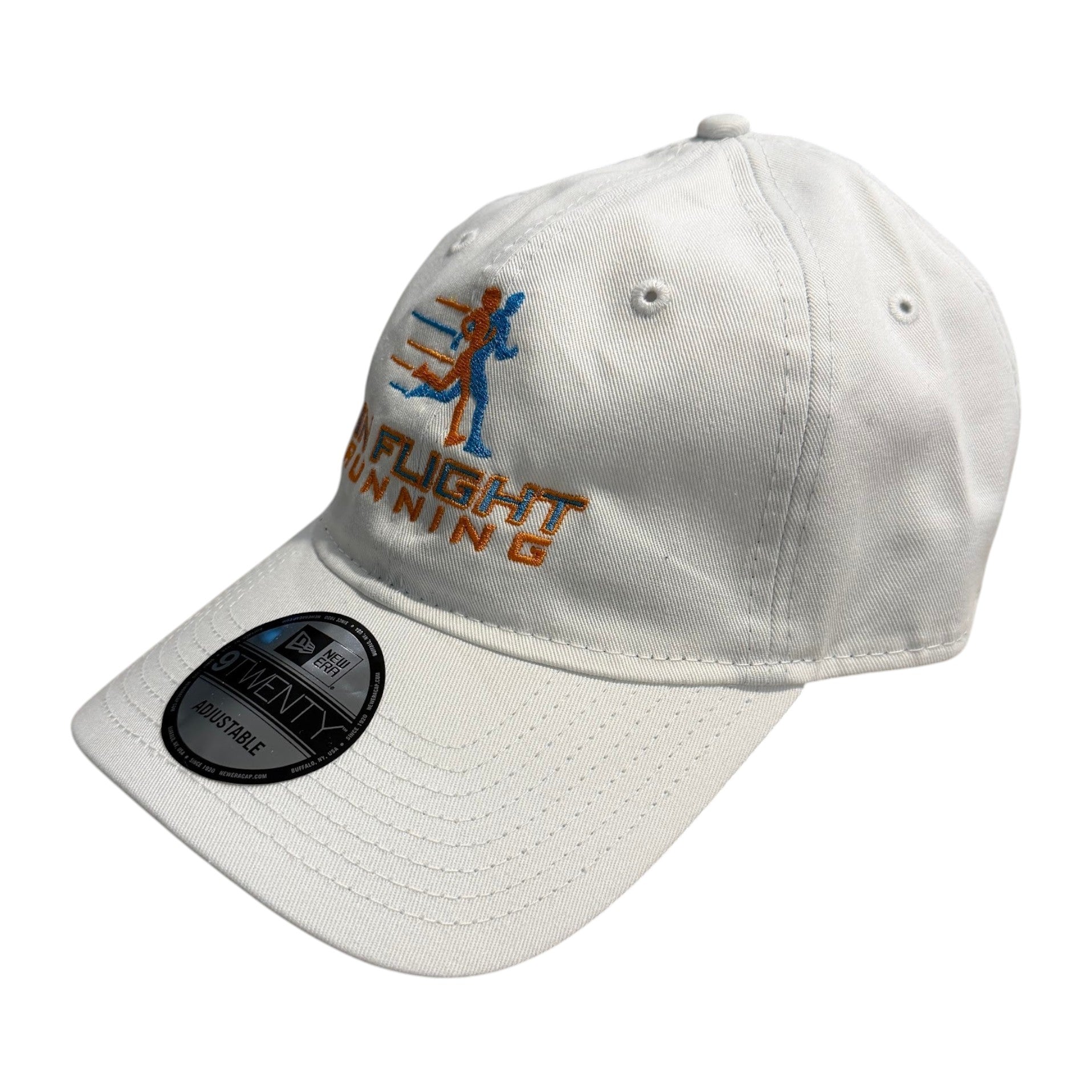 In Flight Running white unstructured cotton cap with adjustable strap and embroidered logo, perfect for running.