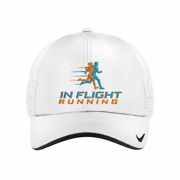 White Nike Dri-FIT running cap with perforated panels and In Flight Running logo. Adjustable closure.