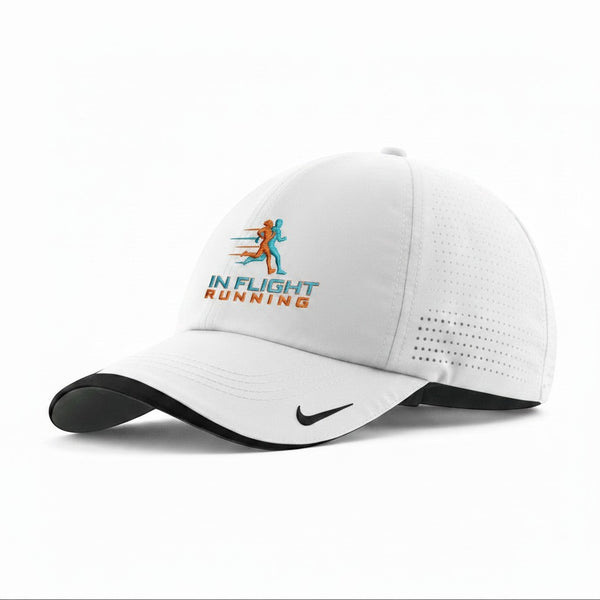 White Nike Dri-FIT running cap with perforated panels and In Flight Running logo. Adjustable closure.
