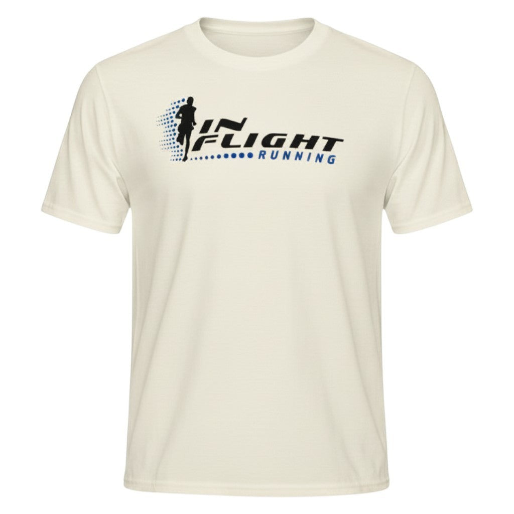 In Flight Running white cotton blend t-shirt with original logo on front and tagline on back.