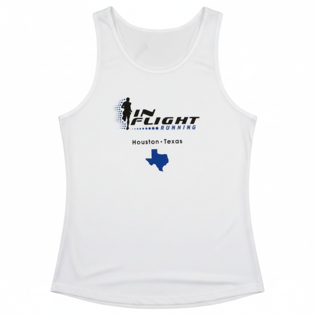 In Flight Running white 100% polyester moisture-wicking men's running tank with Texas graphic.