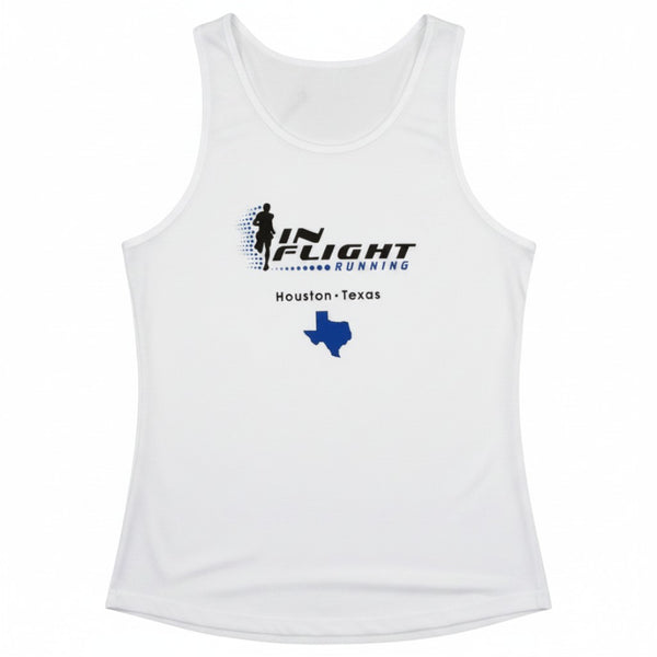 In Flight Running white 100% polyester moisture-wicking men's running tank with Texas graphic.