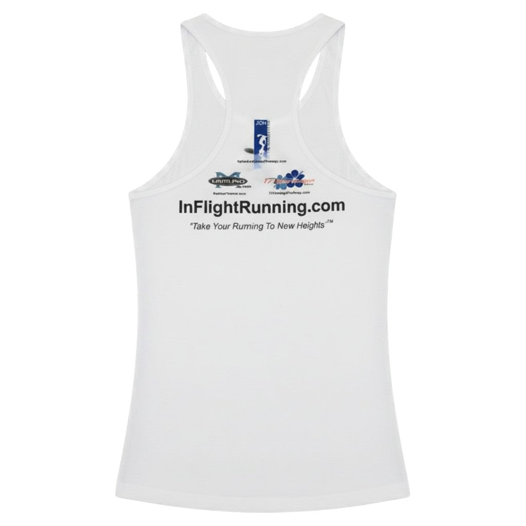 In Flight Running white 100% polyester moisture-wicking men's racerback tank with Texas graphic and website.