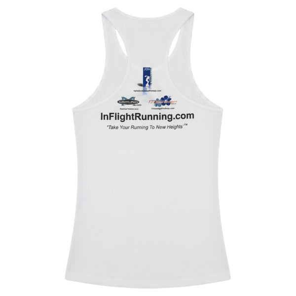 In Flight Running white 100% polyester moisture-wicking men's racerback tank with Texas graphic and website.