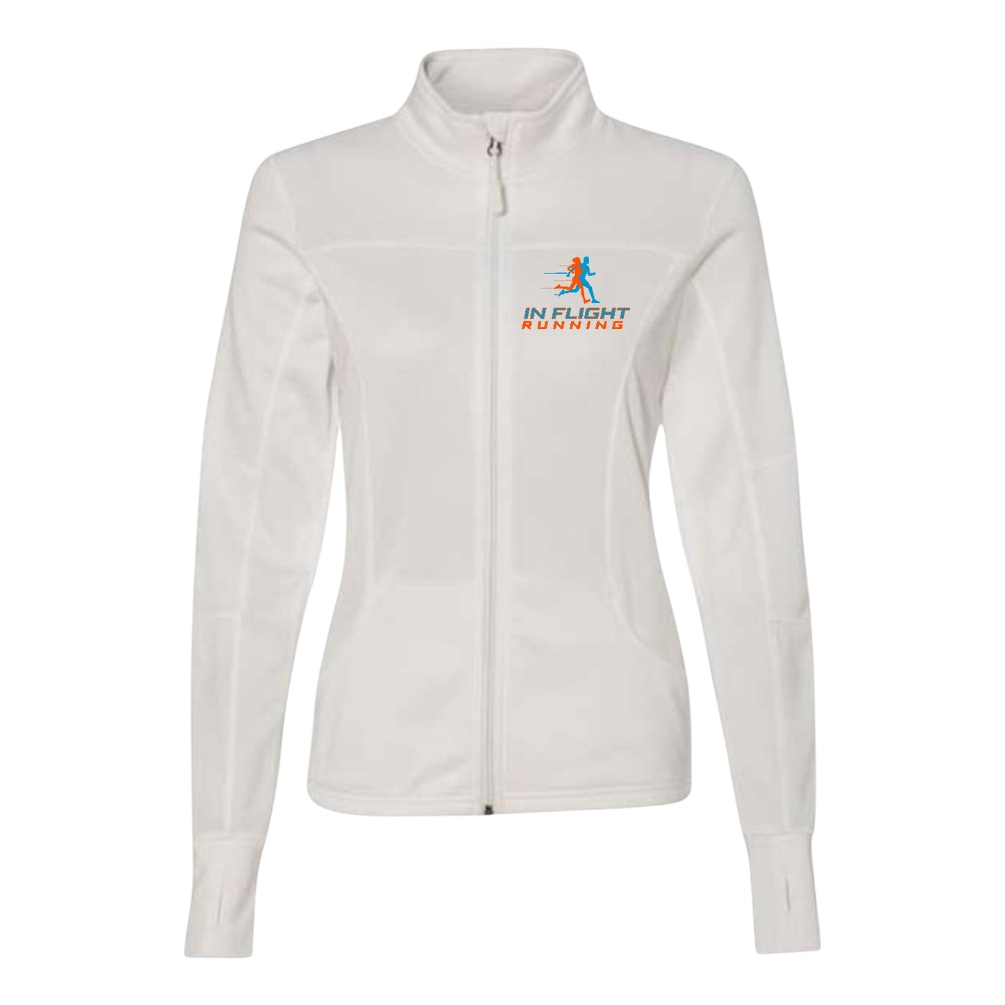 In Flight Running white lightweight polyester fleece track jacket with thumbholes and embroidered logo. Women's athletic fit.
