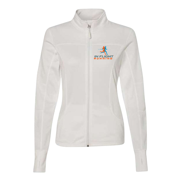 In Flight Running white lightweight polyester fleece track jacket with thumbholes and embroidered logo. Women's athletic fit.